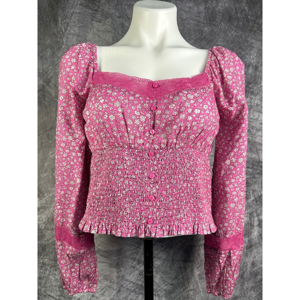 NWT American Eagle Floral Smocked Top Women Medium Pink Long Sleeve Lace